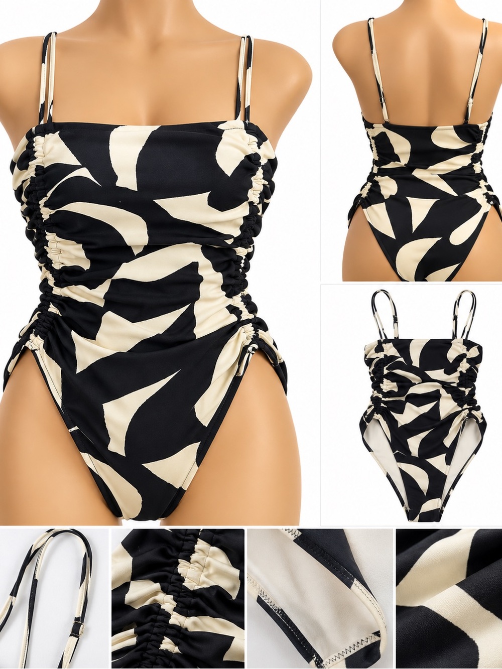 H&M Black & Cream Abstract Ruched Kids One-Piece Swimsuit